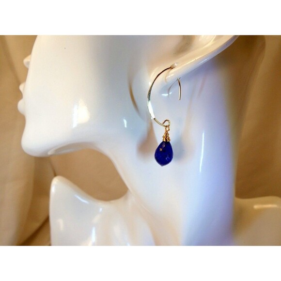 Lapis Lazuli Gold Long Earrings Modern Design Minimalist Handmade Egyptian Stone - Picture 3 of 5
